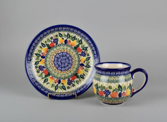 Polish Pottery Dessert Plate & Mug Set, Kalich, Fruit