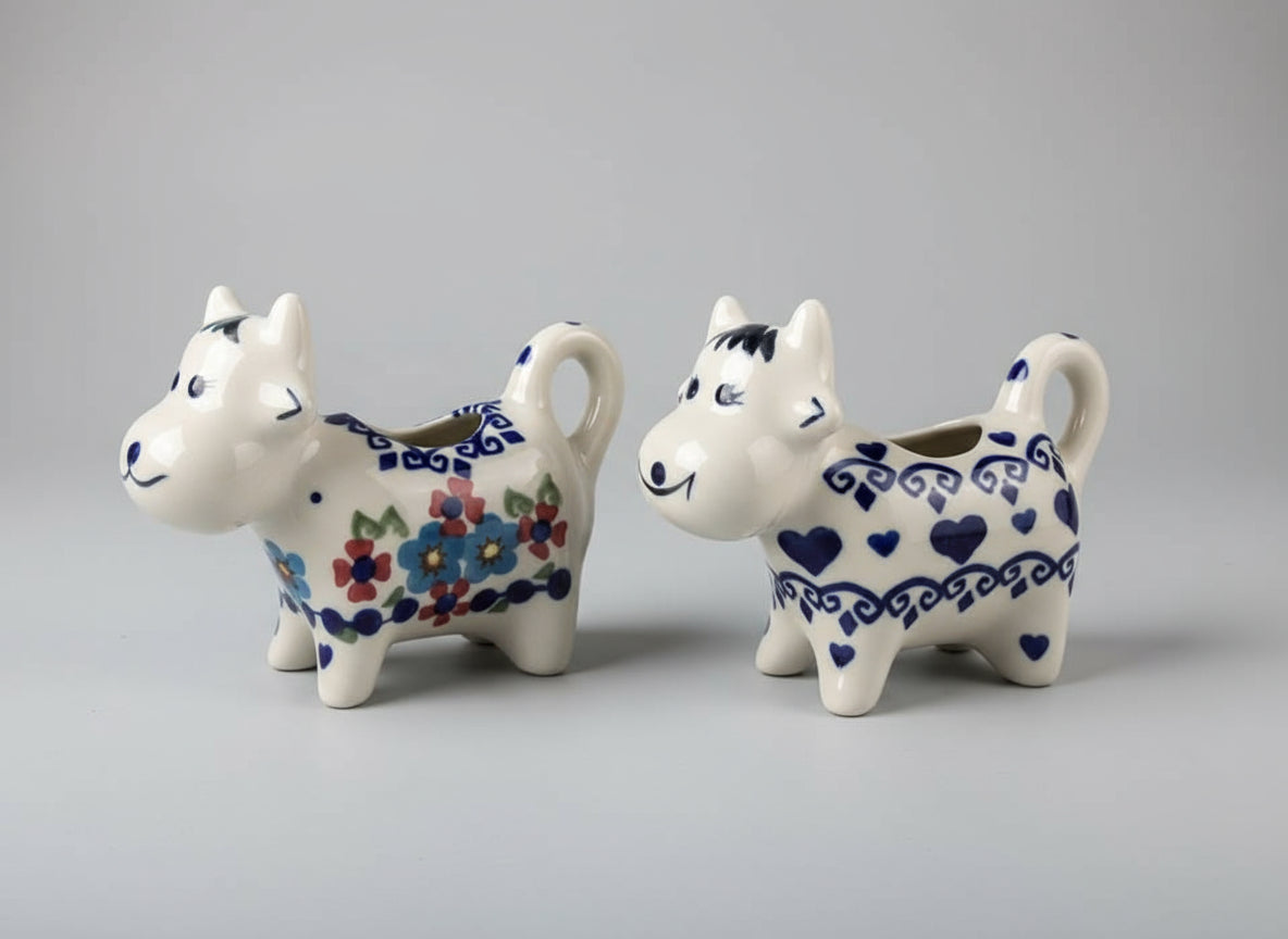 Polish Pottery Cow Creamer, Flowers & Hearts (L) or Hearts (R), Bona Factory