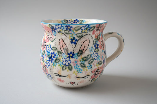 Decorative mug with floral rabbit design on a lace tablecloth