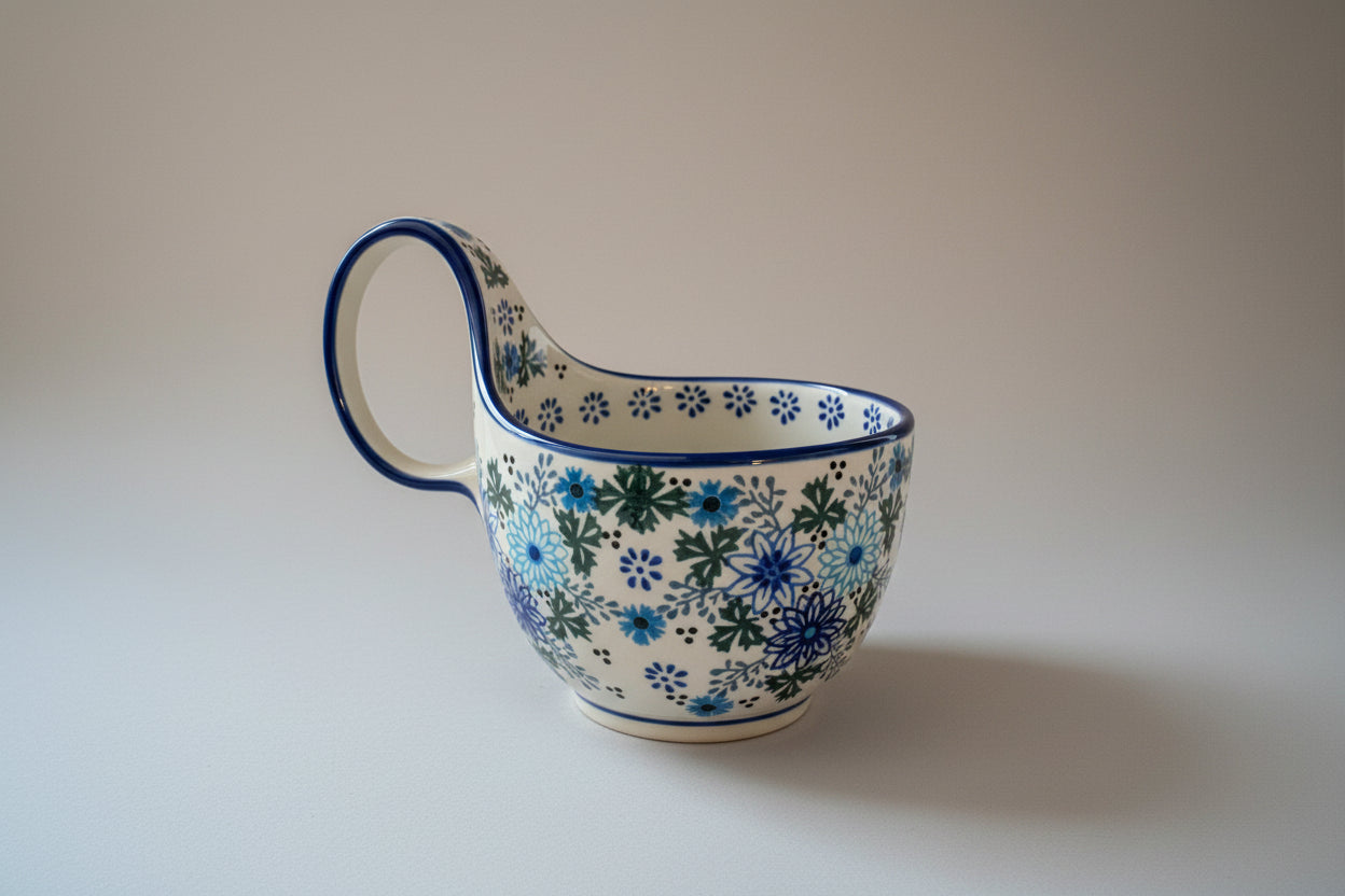 Ceramic pitcher with floral design on a lace tablecloth