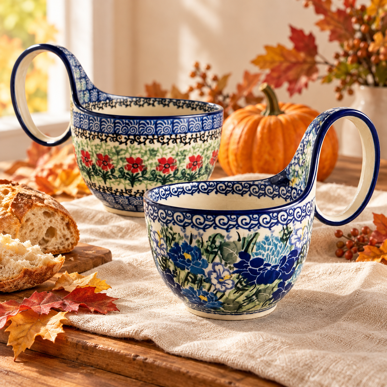 Polish pottery bowls with signature tall loop handles on a cozy autumn table